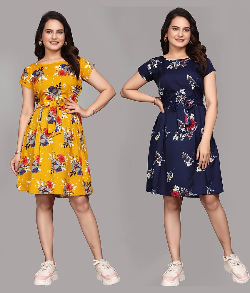 KALAVRITTA Women Crepe Printed Fit & Flare Dress ( Multicolor 1 )