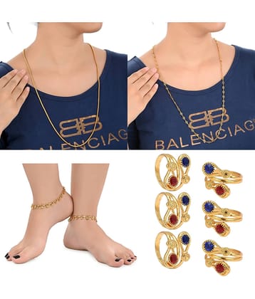 AanyaCentric Gold Plated 1 Pair Anklet 3 Pair Toe Rings 2nos 28inches Long Chains Combo