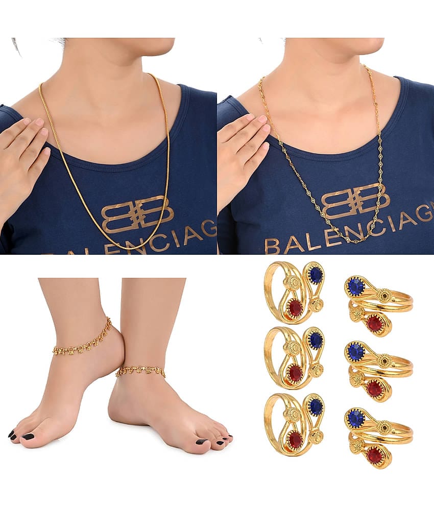 AanyaCentric Gold Plated 1 Pair Anklet 3 Pair Toe Rings 2nos 28inches Long Chains Combo