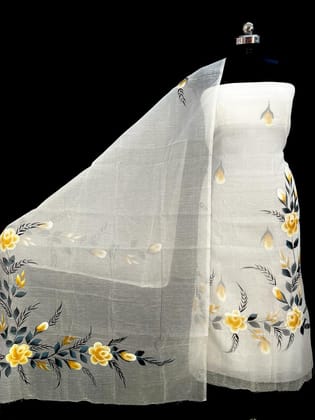 Handpainted Kota Doria Suit White (Top+Dupatta+Bottom)