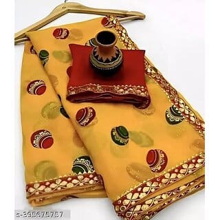Yellow Colour Foil Printed Saree With Blouse Printed