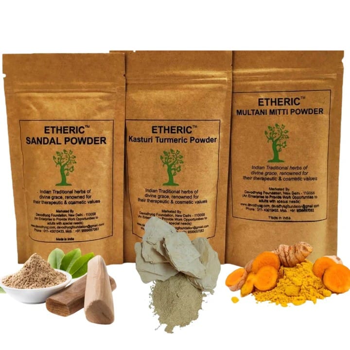 Etheric Glowing Skin Pack (Sandal+Kasturi Turmeric+Multani Mitti) For making skin fair & Acne treatment (75X3 gm)