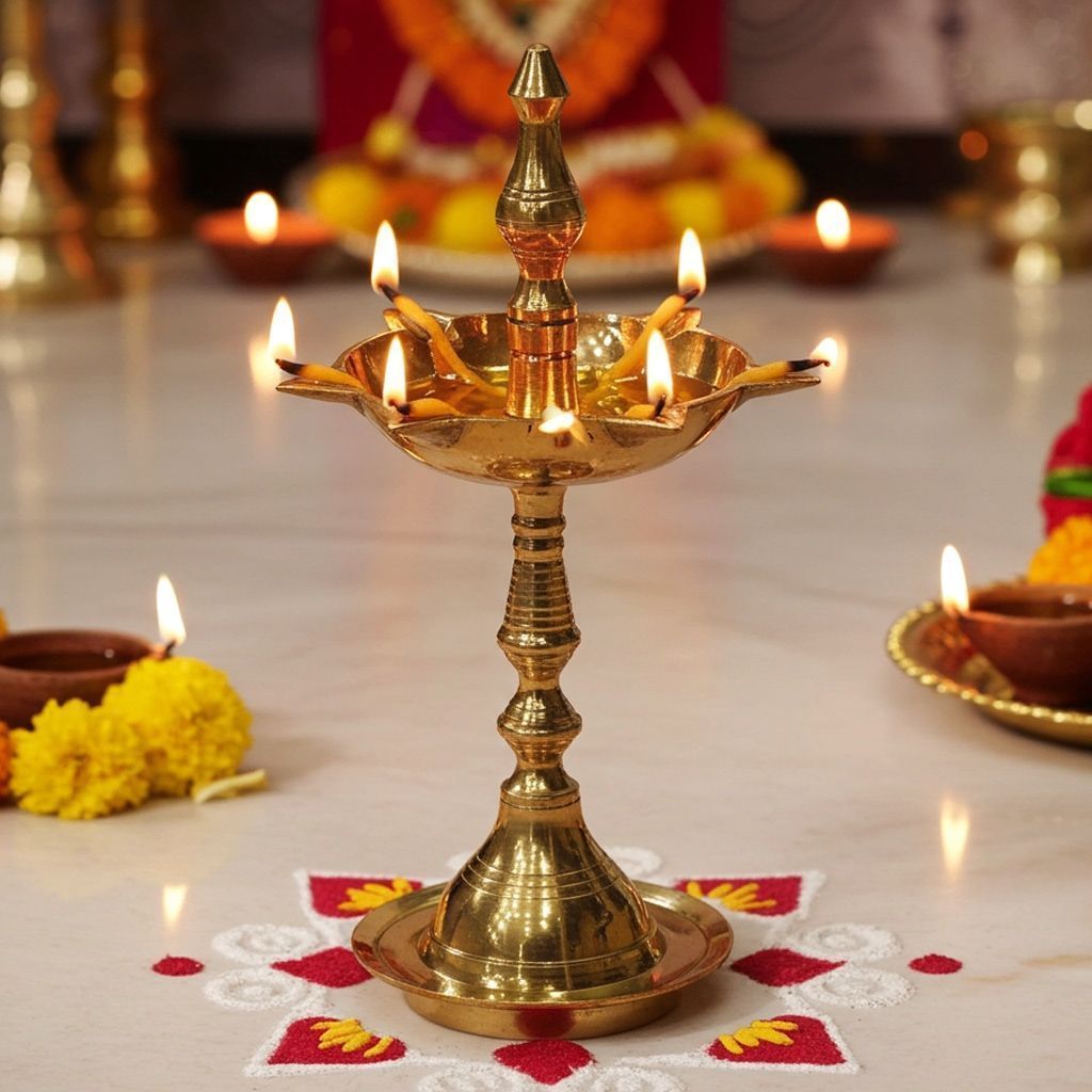 Brass Kerala Fancy Deepak, Oil Lamp No. 3  - Small Brass Diya for Mandir D�cor, Height : 6.7 Inch (FMAS642 O)