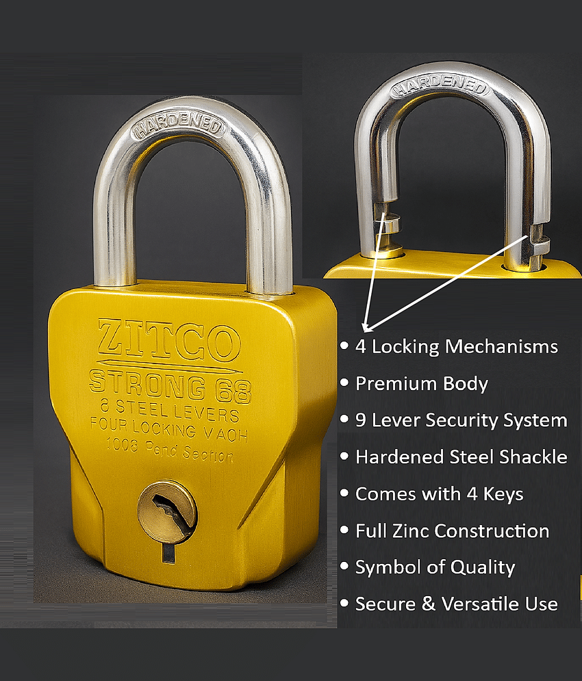 Unikkus Zitco Premium 68 MM Padlock for home shop room and multipurpose| 9 Lever Security Lock with 4 Keys & Hardened Shackle | Heavy Duty Zinc Body for Home, Gate & Shutter