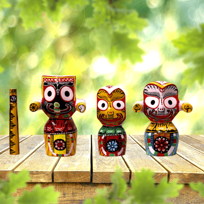 Jagannath, Baladev, and Subhadra Divine Neem Wooden Figurine Set (6 Inch) Jagannath, Baladev, and Subhadra Divine Neem Wooden Figurine Set (6 Inch)