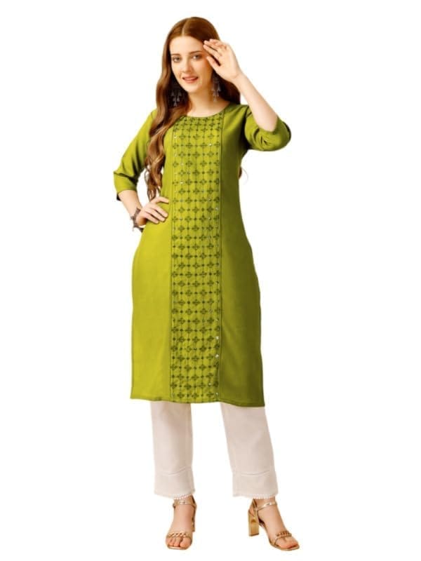 Women's Casual 3-4 th Sleeve Embroidery Cotton Kurti Pant Set (Green, M)-PID50257
