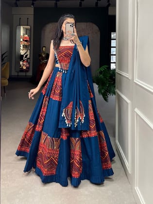 Pure Cotton Garba Navratri Special Lehenga Choli Blouse Set-Free Size / Blue