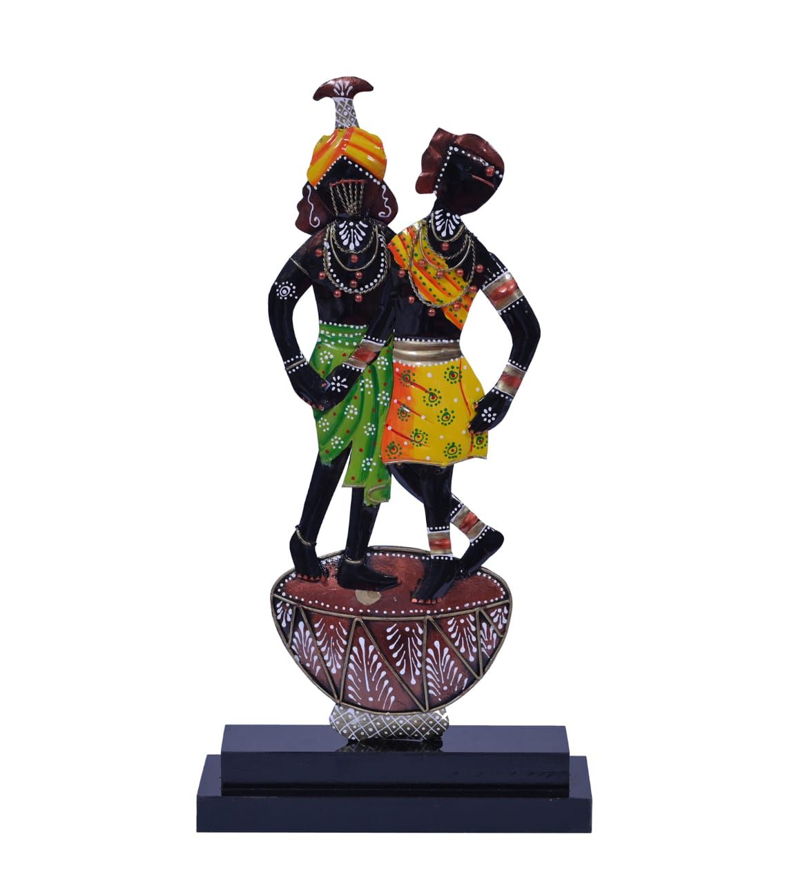 Handicrafts Paradise Iron Aadivasi Couple Dancing on Tabla Showpiece on Wooden Base for Home Décor