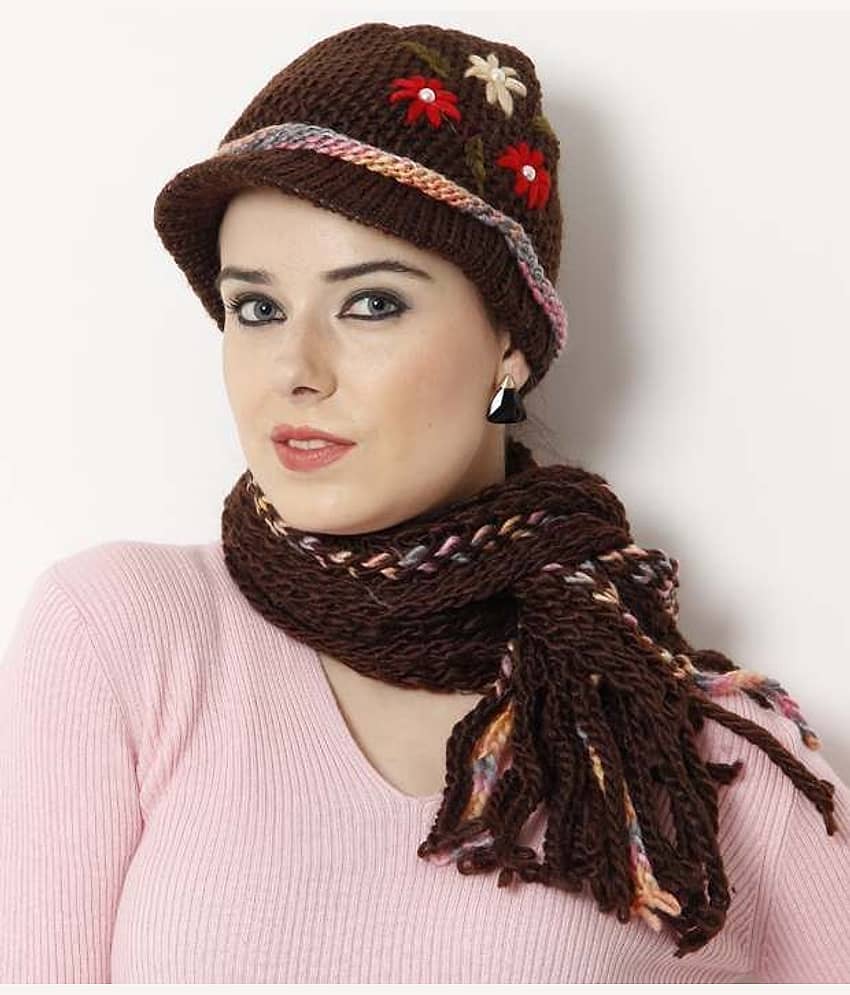 Bizarro.in Brown Floral Embroidered Muffler Cap