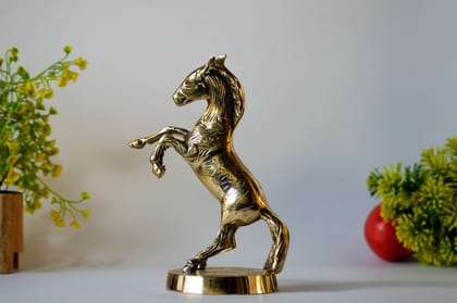 Brass Horse with Uplifted Legs Standing Horse Sculpture (Color - Golden, Size - 8.5H*5.5L*3.75B) by Snova Enterprises