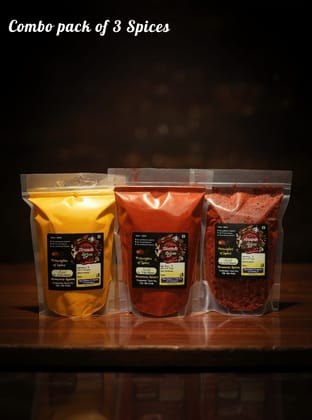 Combo Pack 3 Spices (Kanda Lasun Masala, Mirchi Powder, Turmeric Powder) 750 G Combo Pack 3 Spices (Kanda Lasun Masala, Mirchi Powder, Turmeric Powder) 750 G