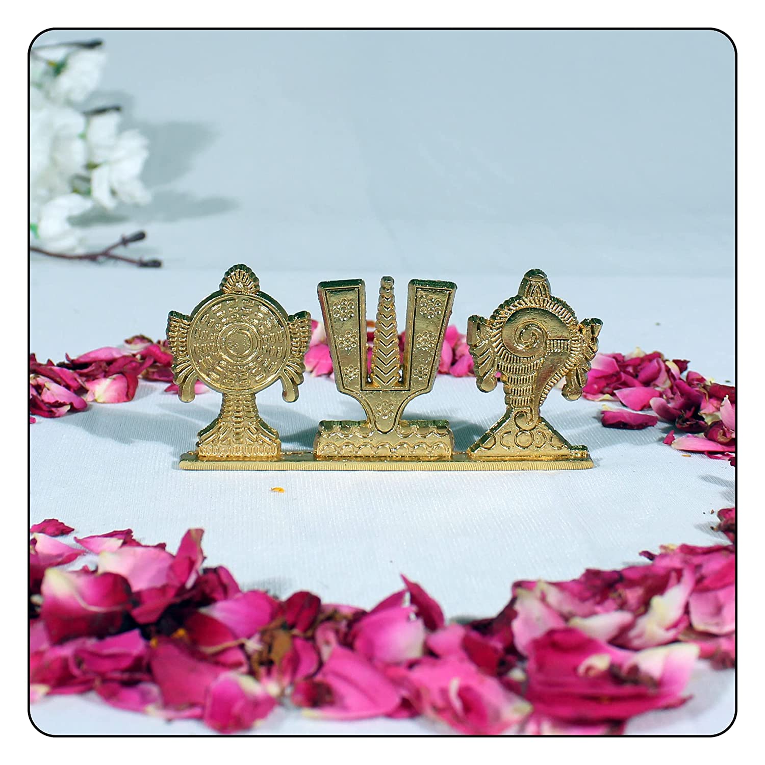 Dreamkraft White Metal Antique Finish Tirupati Balaji Vishnu Shankh Chakra Namah Showpiece (Golden - 11 x 1 x 5 cm)