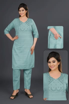 Women's Sea Green Cotton Kurta Set withEmbroidered Yoke, 3/4 Sleeves, Straight Fit