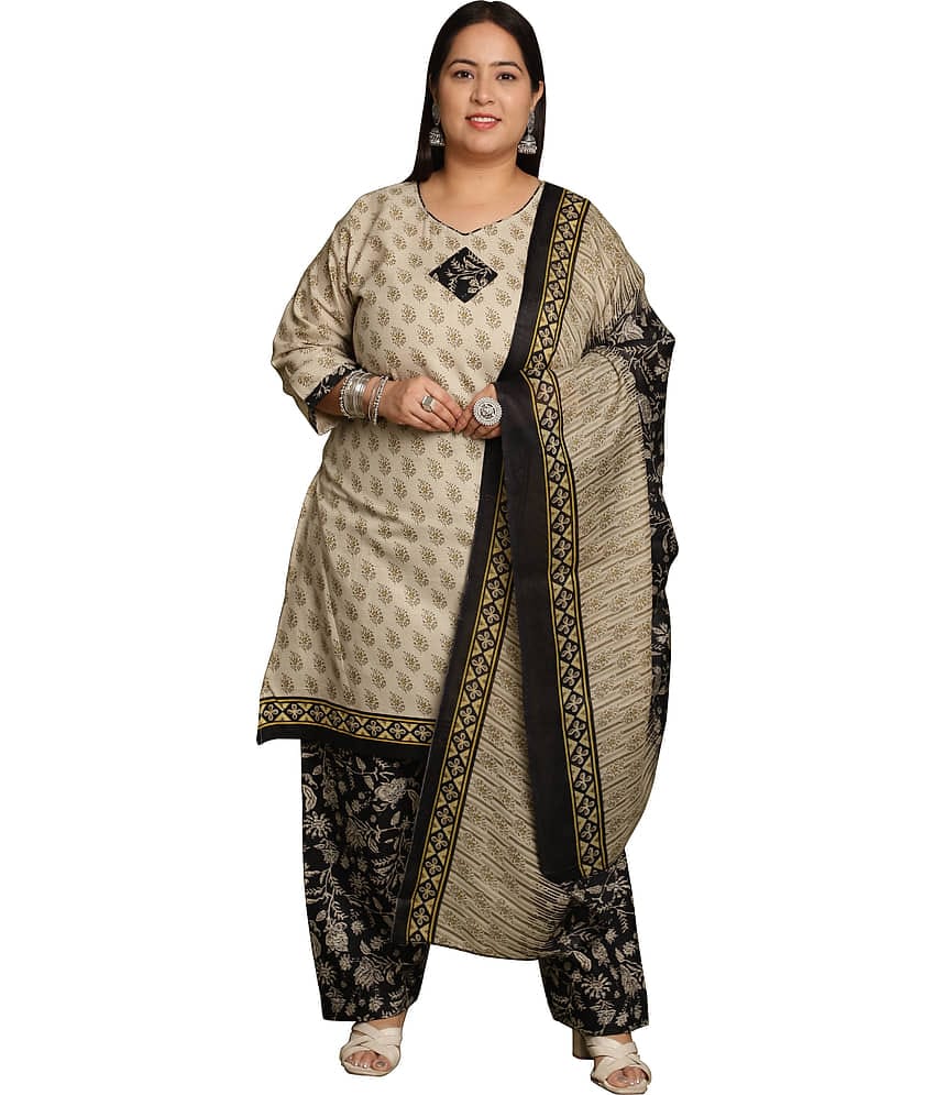 Rajnandini Cotton Blend Printed Kurti With Pants Women's Stitched Salwar Suit - Beige ( Pack of 1 )