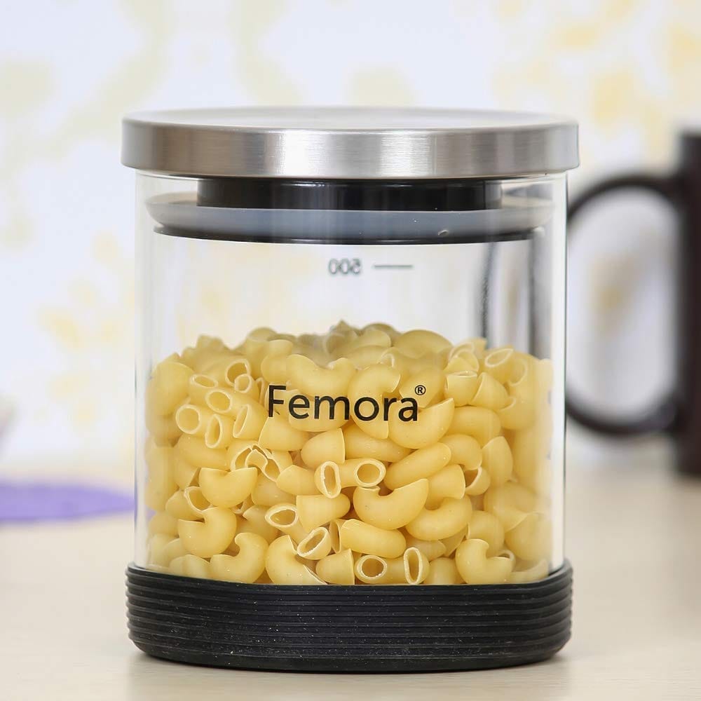 Femora Borosilicate Glass Air-Tight Jar with Silicon Base with Metallic Lid, 500 ML, Set of 01, Free Replacement of Lids
