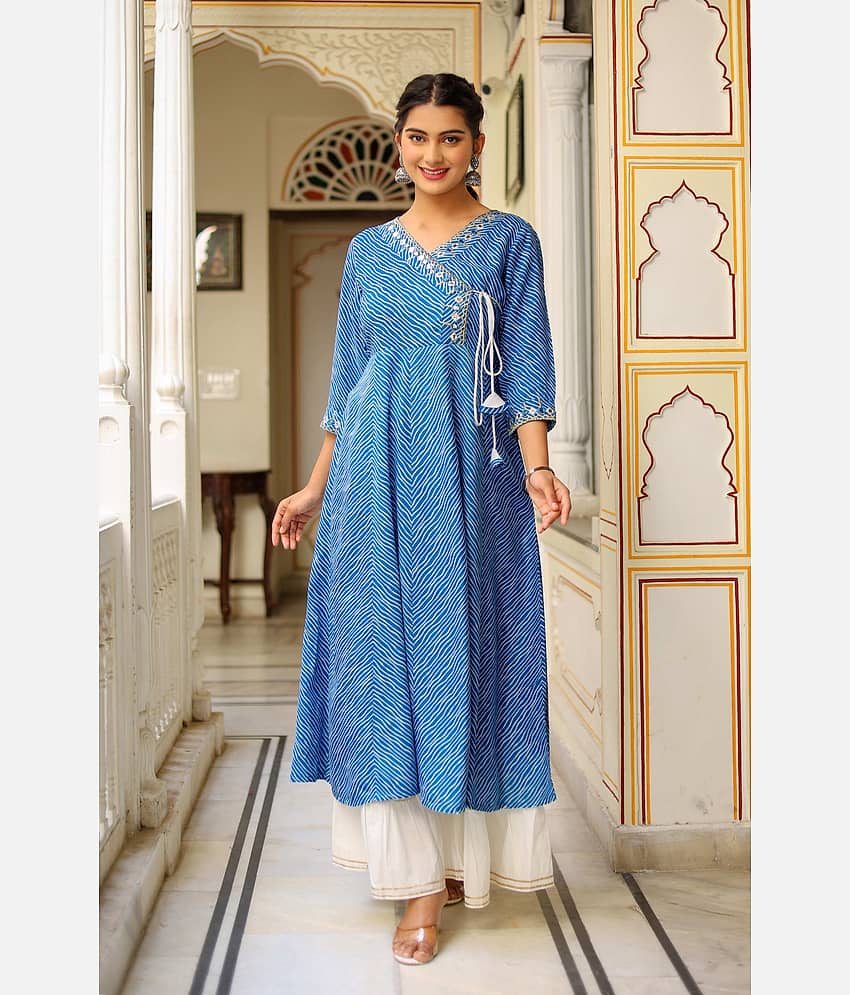 Yash Gallery Rayon Printed Anarkali Women's Kurti - Blue ( Pack of 1 )