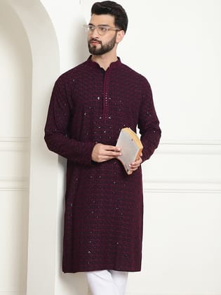 Men's Cotton Contrast Embroidered Sequinned Purple Long Kurta-36