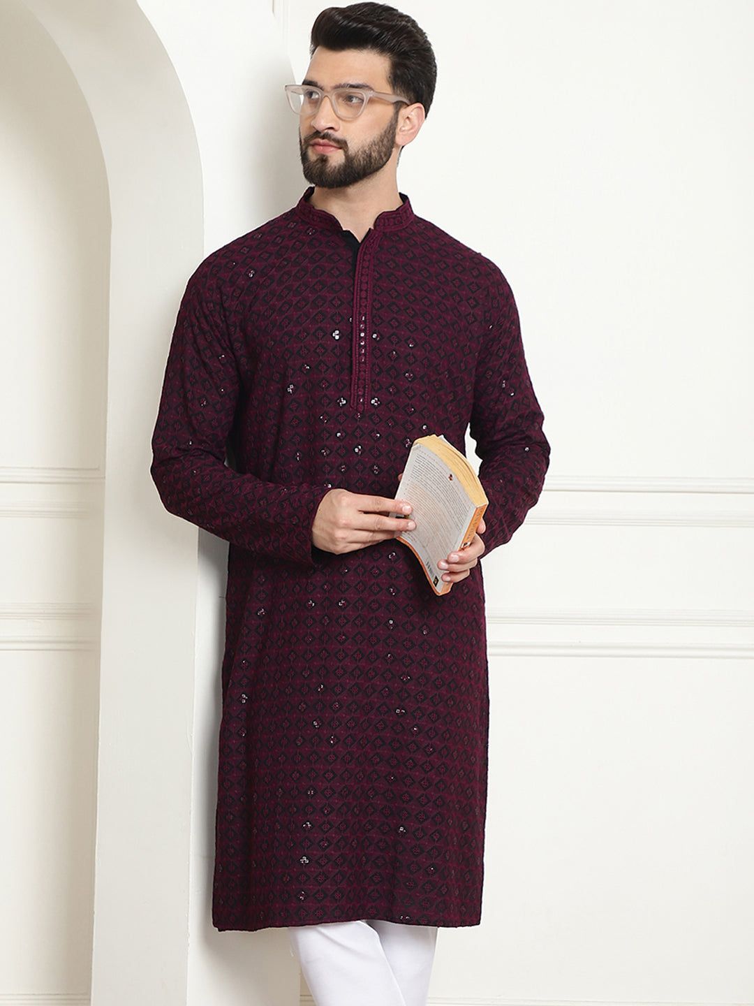 Men's Cotton Contrast Embroidered Sequinned Purple Long Kurta-36