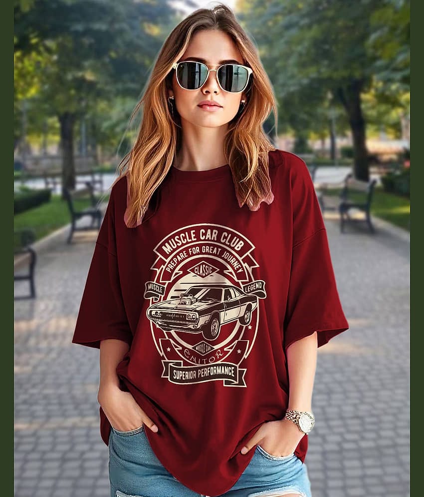 ENITOR Women Cotton Blend Printed Oversized Fit Round Neck T-Shirt ( Maroon )