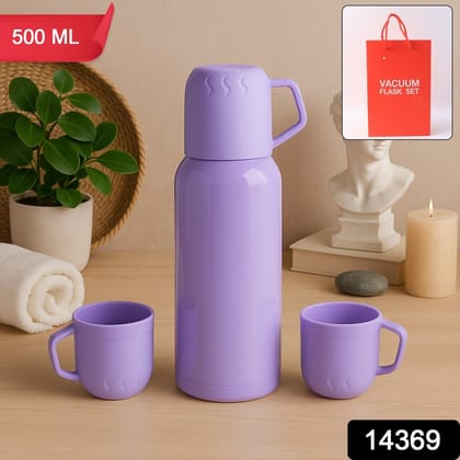 Purple Vacuum Flask Set – Stainless Steel Thermos with 3 Cups, Approx 500ml