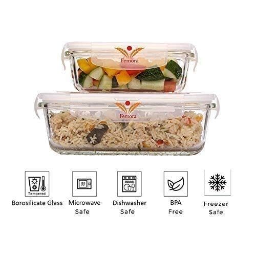 Femora Borosilicate Rectangle Glass Food Storage Container with Air Vent Lid-400ml,620ml(Set of 2)