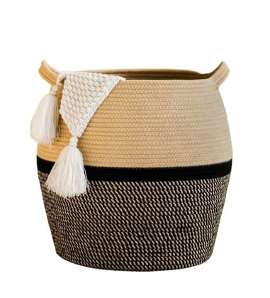 Generic Cotton Matka 14x12 Inch Storage Basket For Clothes With Out Lid (Beige-Black)-PID66391