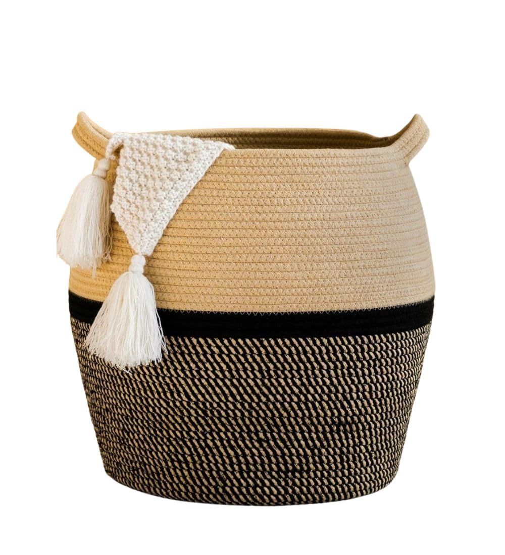 Generic Cotton Matka 14x12 Inch Storage Basket For Clothes With Out Lid (Beige-Black)-PID66391