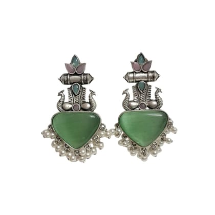Anvaya Collections Vintage Style Green Stone Earrings with Pearl Drops, Oxidised Silver