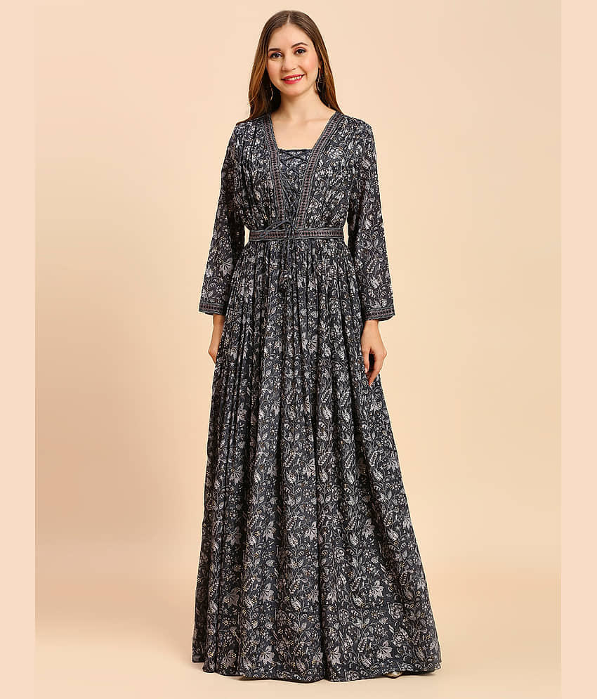Madhuram Textiles Silk Printed Full Length Women's Gown - Black ( Pack of 1 )