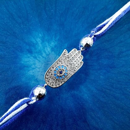 Evil Eye Hamsa Hand Nazariya Silver American Diamond Cubic Zirconia Thread Rakhi For Men