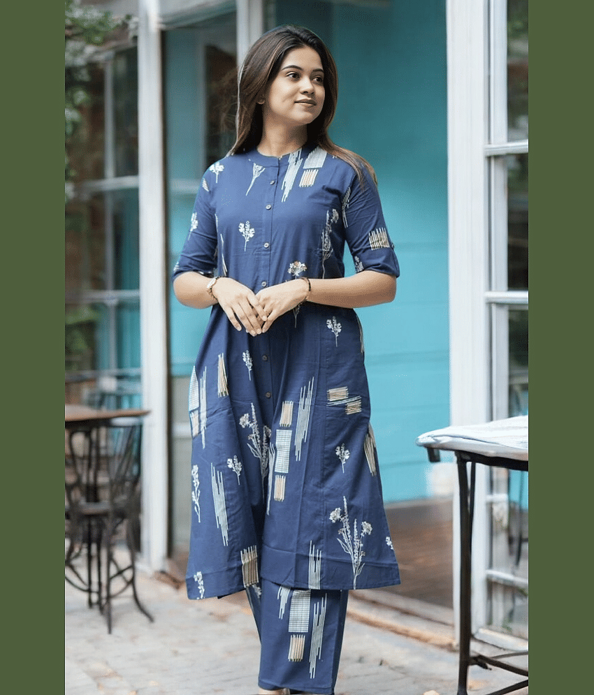 YAGNIK FASHION Women Cotton Blend Self Design A-line Kurti With Pants ( Blue )