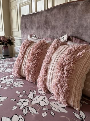 KRI India Distressed Pink Fringed Cushion Cover|24x24 inches | Baby Pink  | Wash & Care | 100% Cotton | Handcrafted in India. 100% organic & natural.