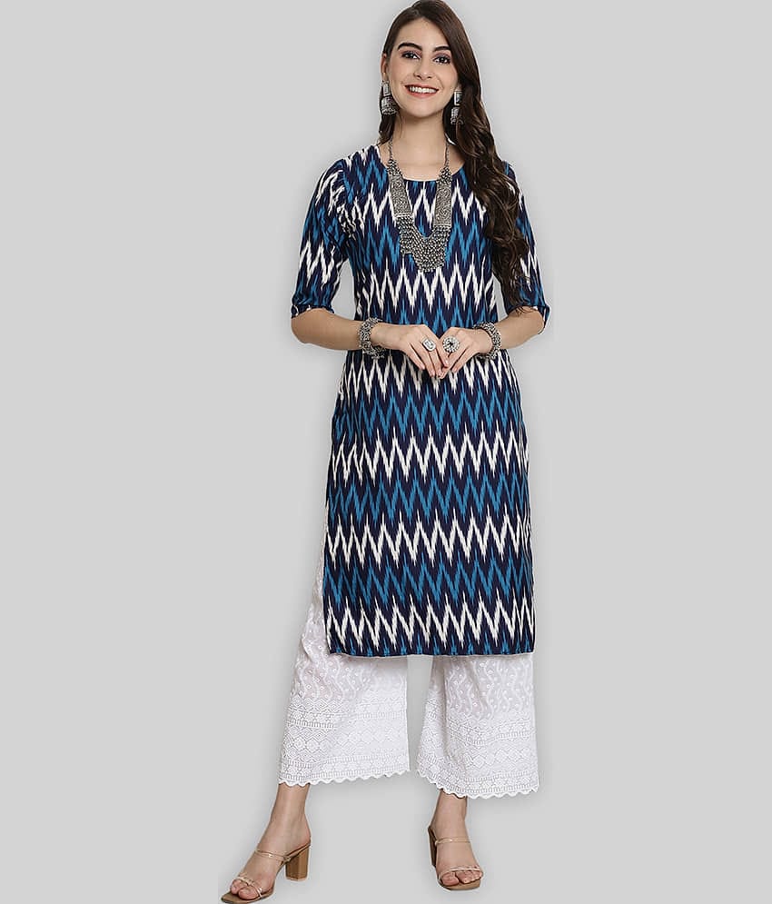 7Threads Crepe Printed Straight Women's Kurti - Blue ( Pack of 1 )