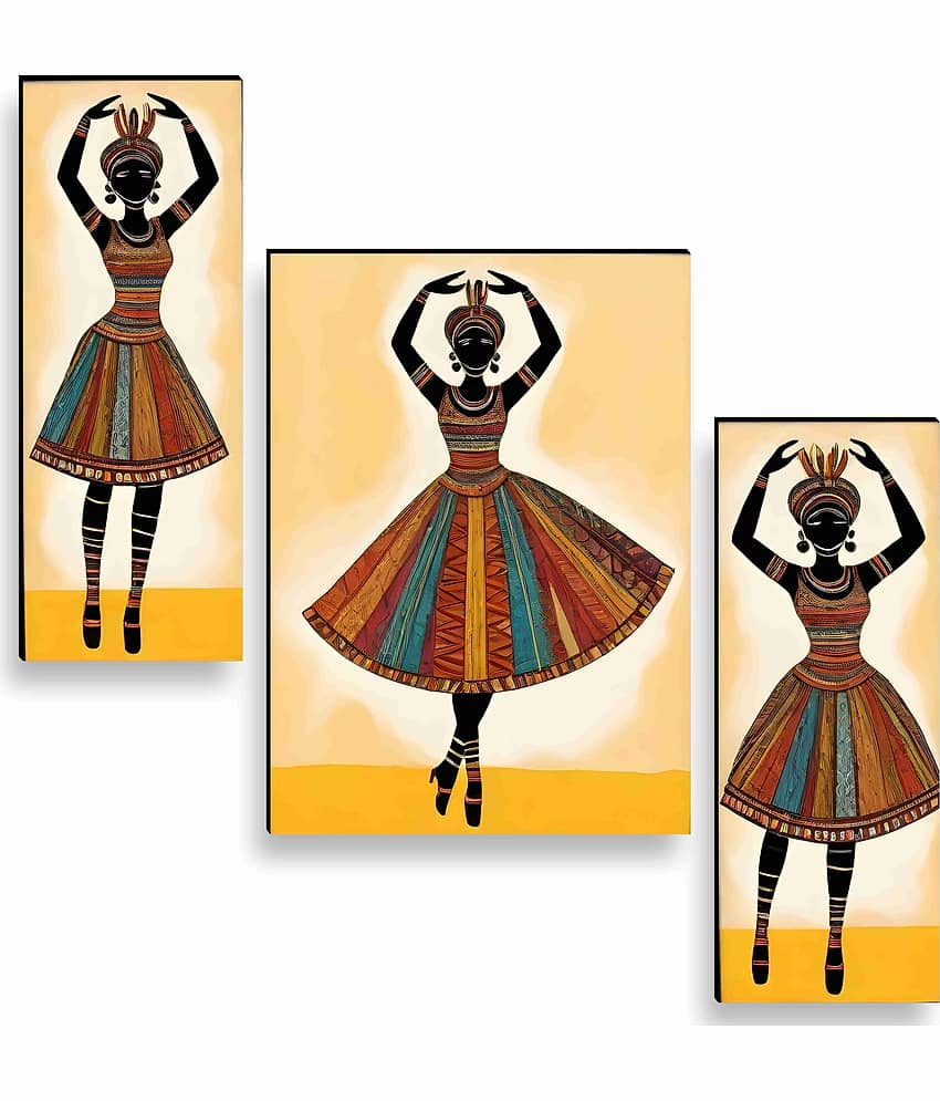 SAF African Tribal Dancer Wall Art – 3 Panel Colorful Ethnic Lady Painting with Traditional Dress for Cultural Living Room & Hall Décor 12 Inch x 20 Inch