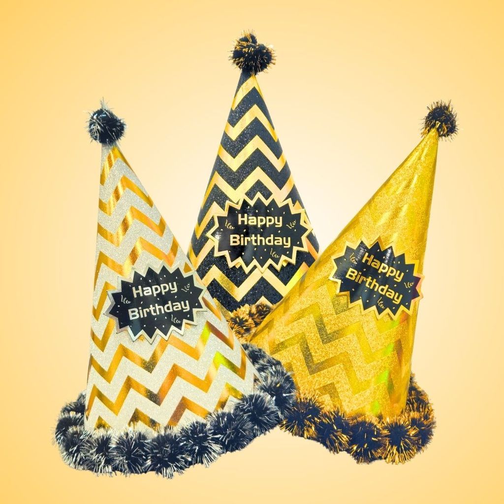 Happy Birthday Party Hats w/ Zig Zag Print & Pom Pom - 3PC - Party and Festive Needs | Buy online on ZillyBuy
