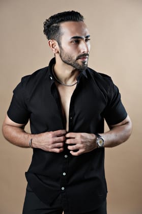 Signature Half Sleeve Textured Stretch Shirt Midnight Black-Medium / Midnight Black / Signature Half Sleeves Tapered Stretch Shirt