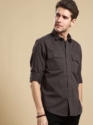 TL Dark grey Twill Solid Cargo Shirt-S