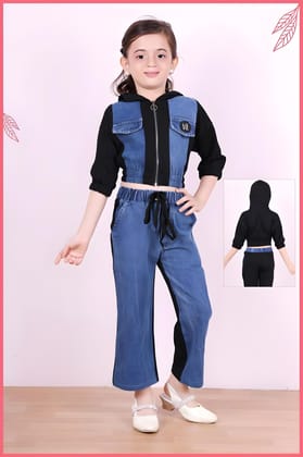 Girl's Denim Hoodie Co-Ord Set [GCS-2589] (4-12Years)-7-8Y (Size - 30) / Denim / Black