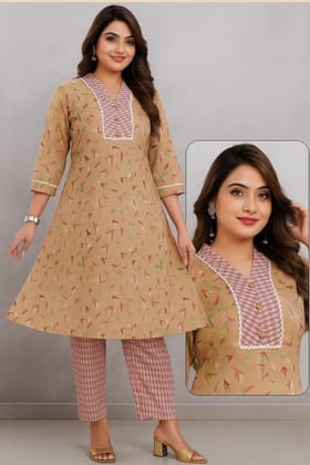 Cotton Beige Printed Kurti Setwith Designer Neck Panel