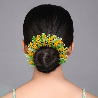 Yellow Color Flower Gajra For Women Hair Pin (HRP221YLW)-Length: 22.00 CM x Width: 4.00 CM / Gold / Alloy