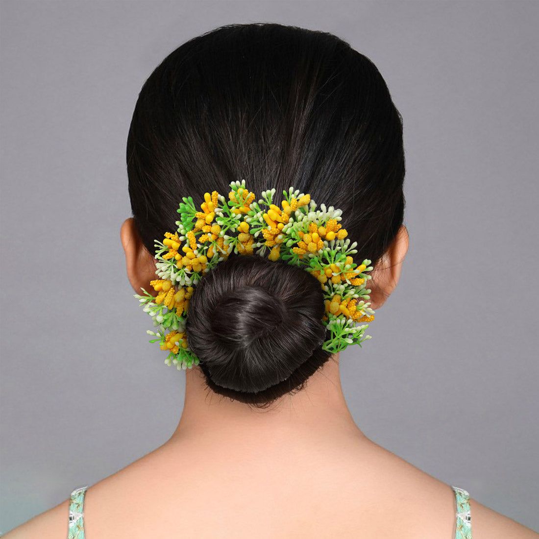 Yellow Color Flower Gajra For Women Hair Pin (HRP221YLW)-Length: 22.00 CM x Width: 4.00 CM / Gold / Alloy