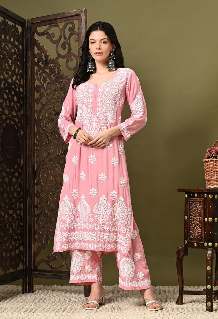 Chikankari (3D) Work on Modal Fabric-Pastel Pink