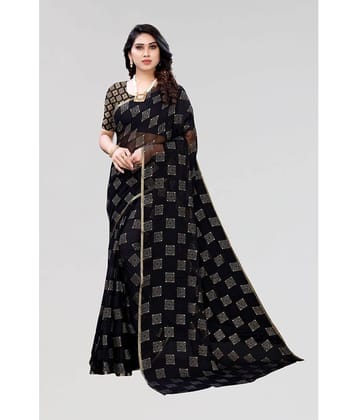 FABMORA Chiffon Printed Saree With Unstitched Blouse Piece ( Black )
