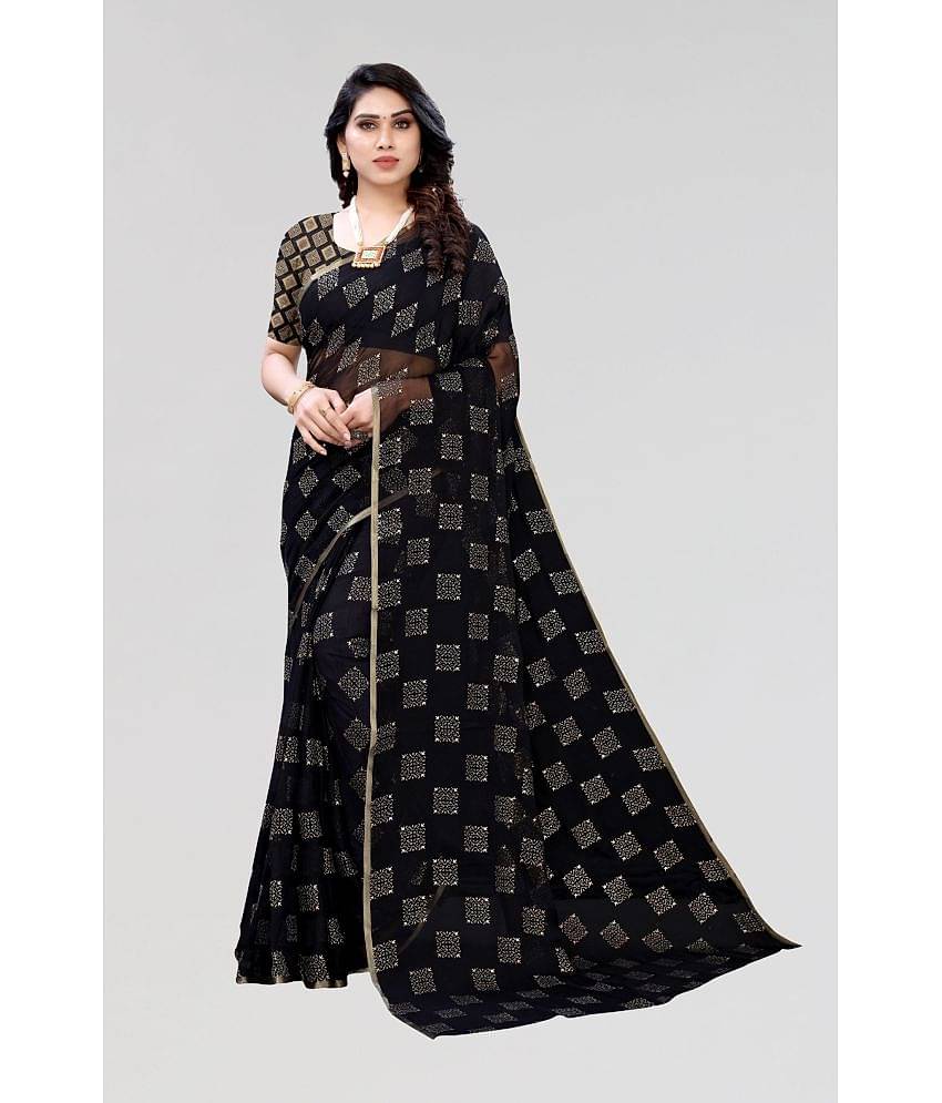 FABMORA Chiffon Printed Saree With Unstitched Blouse Piece ( Black )