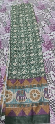 Green & Beige Elephant Motif Printed Unstitched Suit Material Set: