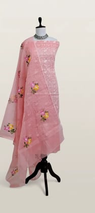 Kota Doria Dress Material Peach White Floral Jaal