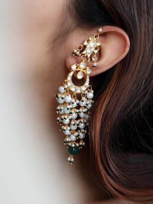 Gulmohar Green Kundan Earrings With Ear Chain-Green