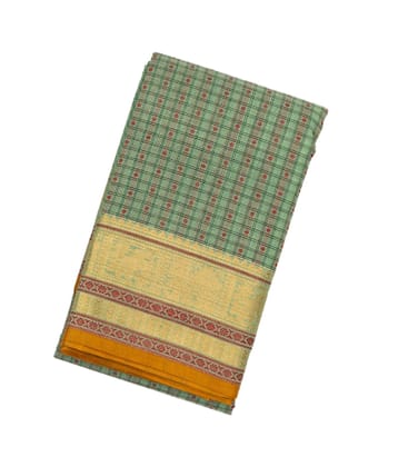 Shadow Green Handloom Kanchi Cotton Saree With Checks & Diamond Motifs-Shadow Green