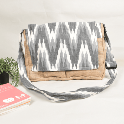Grey ikat and jute laptop bag