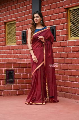 Saadgi ~Pure Cotton Handloom Sarees with Intricate Borders ~ Maroon